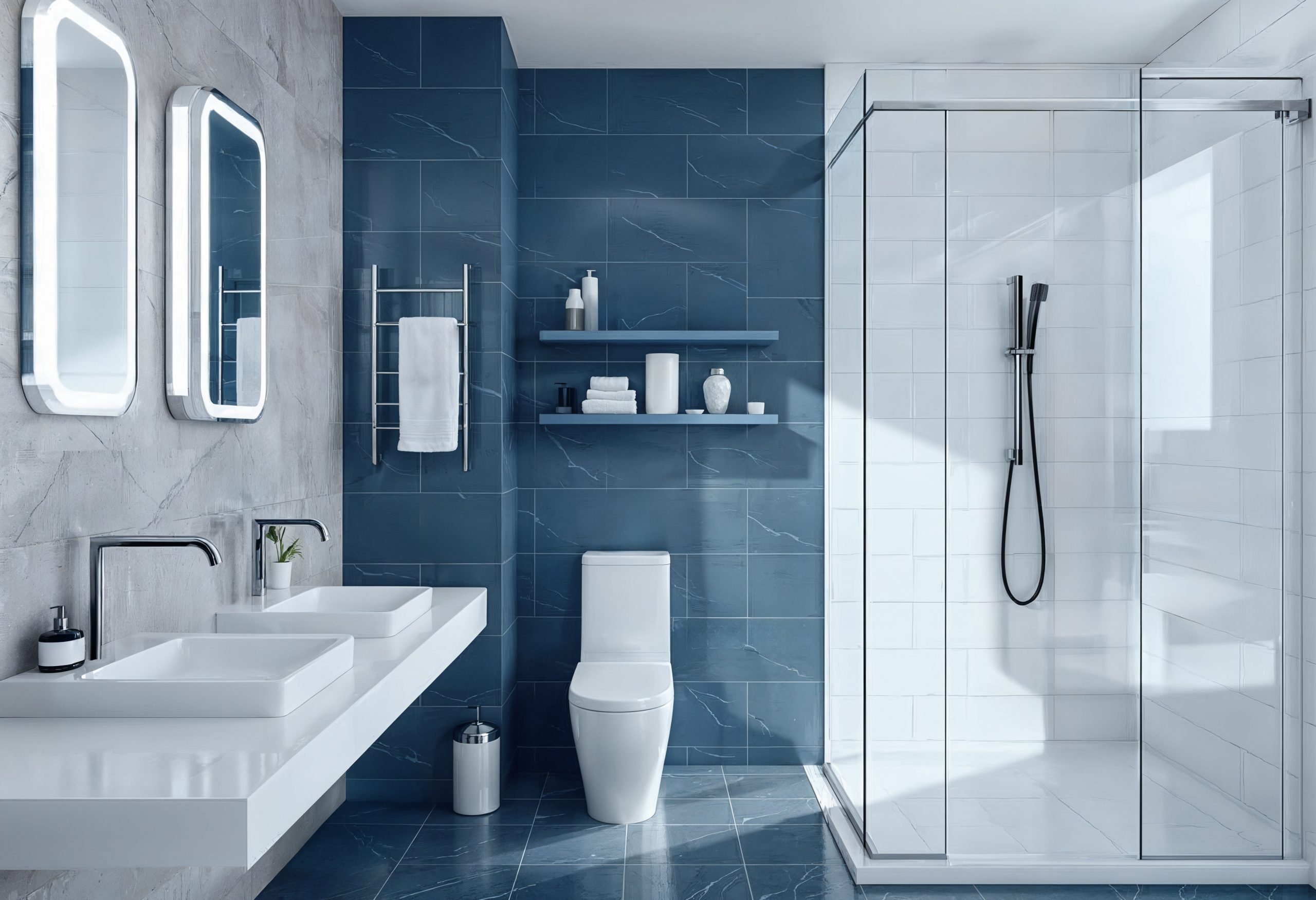 About Us modern bathroom with blue tile glass shower